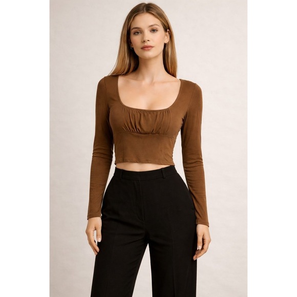 Wilfred Free Tops - WILFRED FREE Brown Crop Top LARGE Long Sleeve Ruched‎ Scoop Neck Women